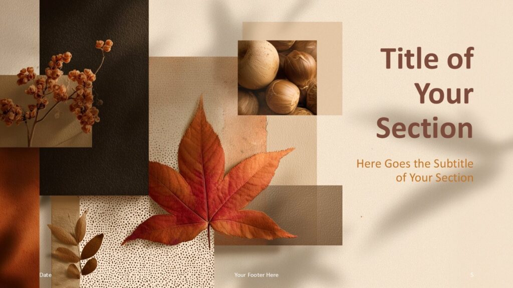 Rustic Fall Collage Section Divider 2 Second section divider in the Rustic Fall Collage template using autumn leaves and textures for PowerPoint and Google Slides presentations.
