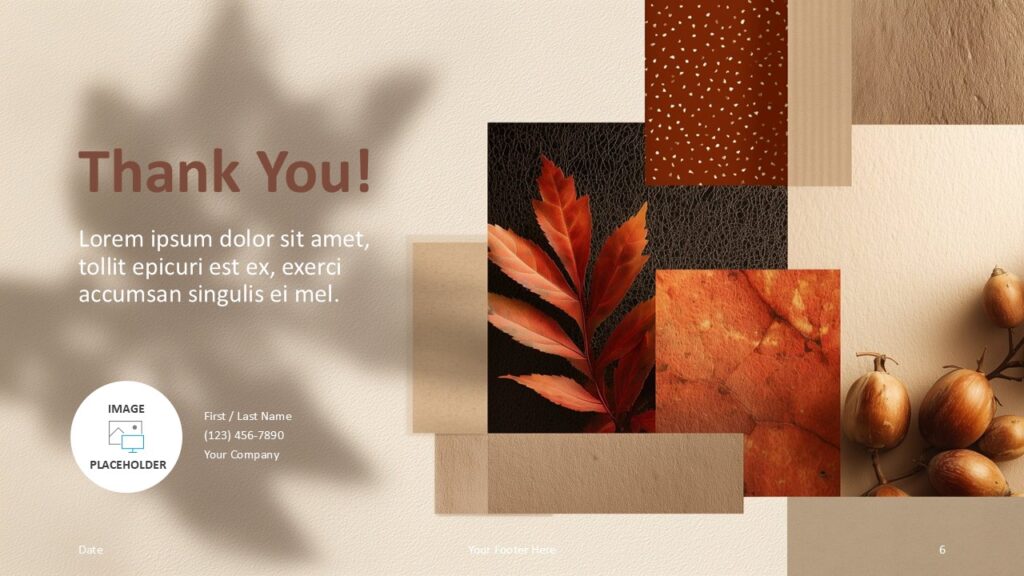 Rustic Fall Collage Thank You Slide Thank You slide from the Rustic Fall Collage template featuring warm seasonal textures and leaf accents for PowerPoint and Google Slides presentations.