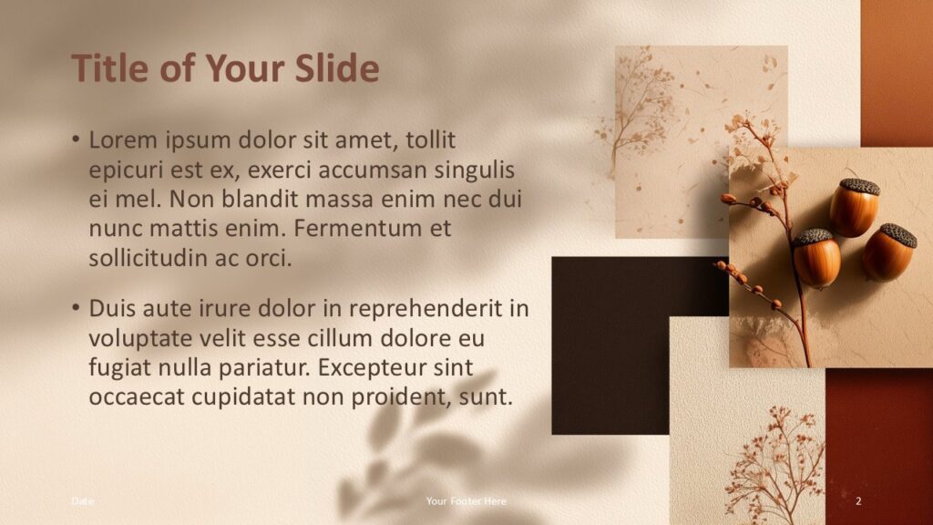 Rustic Fall Collage Title Content 1 Title and content layout from the Rustic Fall Collage template with warm fall textures and space for text, created for PowerPoint and Google Slides presentations.