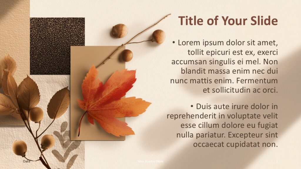 Rustic Fall Collage Title Content 2 Second title and content slide from the Rustic Fall Collage template featuring autumn leaves and textured blocks for PowerPoint and Google Slides presentations.