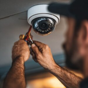 Close-up of a technician's hands installing a dome security camera on the ceiling, representing professional surveillance system setup.