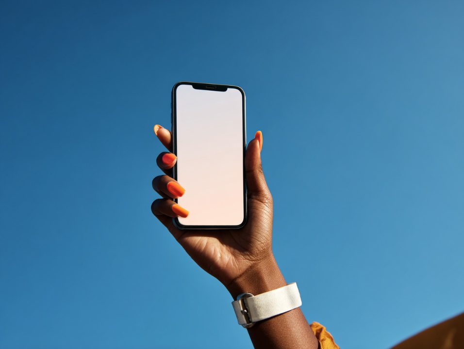 Hand holding a smartphone with a blank screen against a clear blue sky, ideal for mockups or app interface previews.