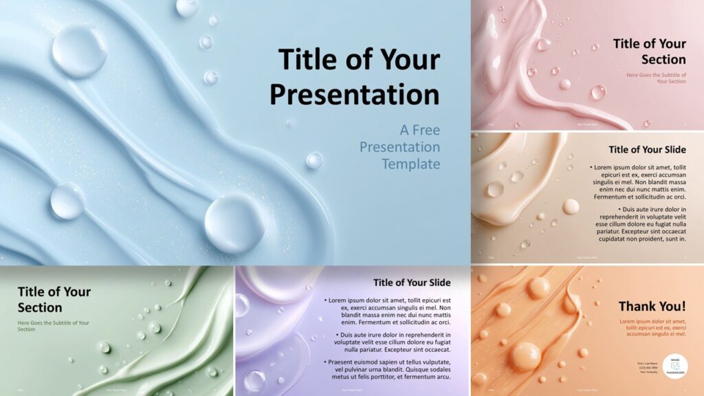 A widescreen layout preview of the Soft Gloss Liquid Template featuring smooth pastel liquid textures and clean editable areas for PowerPoint and Google Slides.