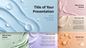 A widescreen layout preview of the Soft Gloss Liquid Template featuring smooth pastel liquid textures and clean editable areas for PowerPoint and Google Slides.