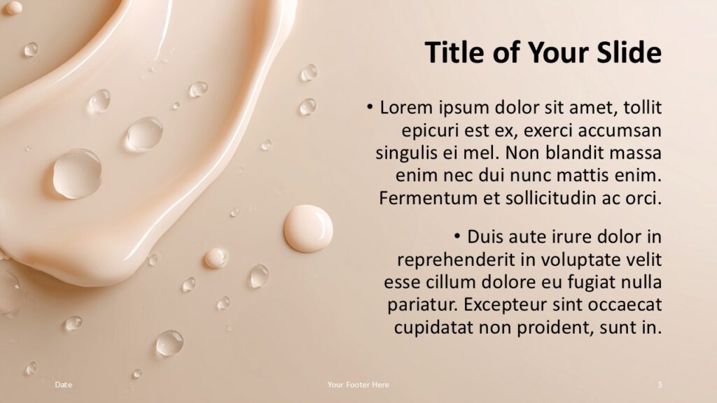 Soft Gloss Template Beige Content Slide A beige version of the title and content slide with glossy liquid textures and clean text placeholders for use in PowerPoint and Google Slides presentations.