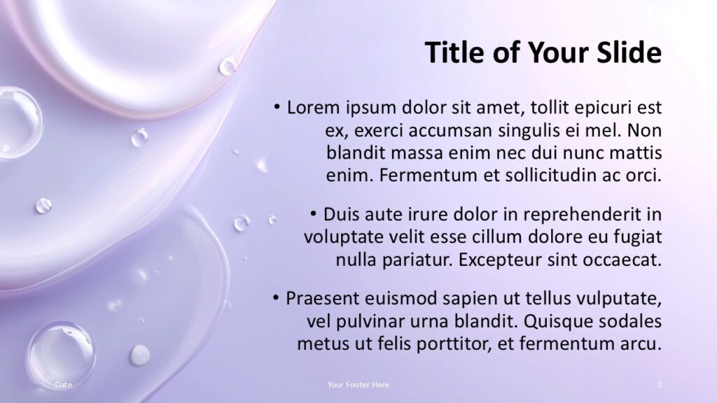 Soft Gloss Liquid Template Title and Content Slide A purple pastel liquid title and content slide from the Soft Gloss Liquid Template, featuring smooth textures and editable text for PowerPoint and Google Slides.