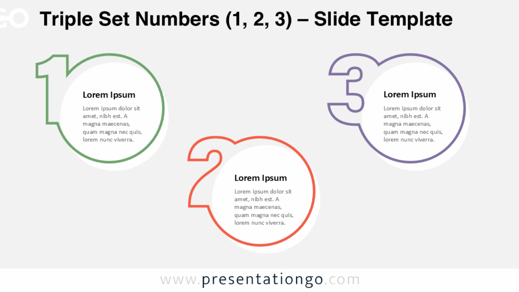 Triple Set Numbers PowerPoint template showing the 1–3 number group with bold circular number markers and clean layout