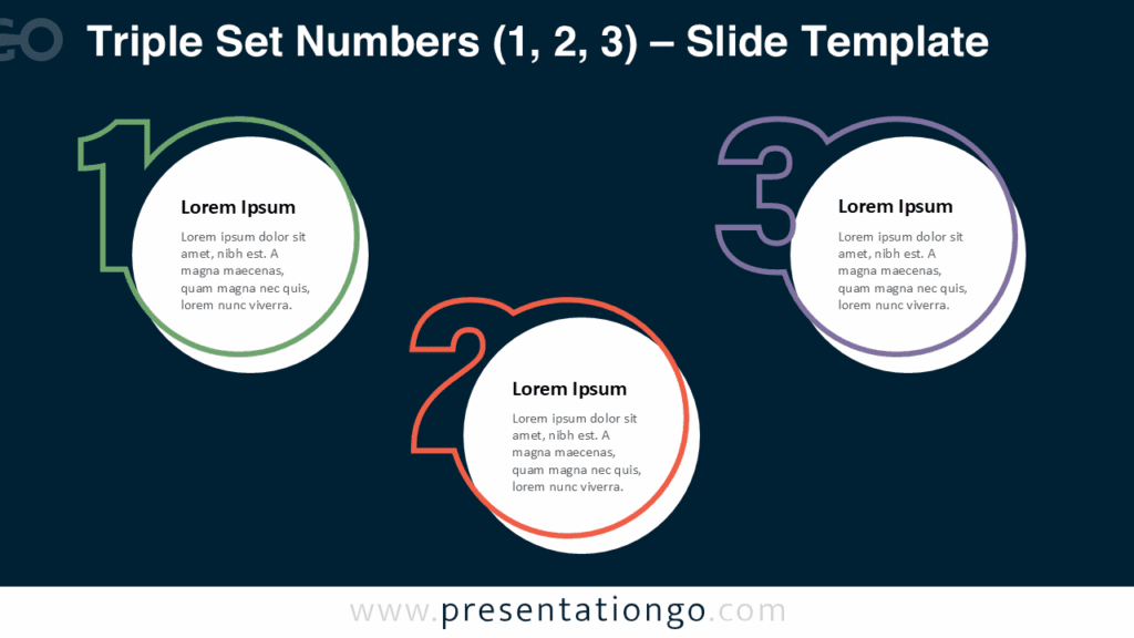 Numbers 1–3 Dark Version from Triple Set Numbers for PowerPoint Triple Set Numbers PowerPoint template featuring the 1–3 number group on a dark background with contrasting number circles