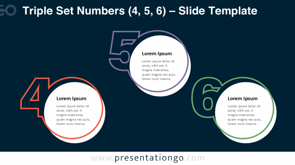 Numbers 4–6 Dark Version from Triple Set Numbers for PowerPoint Triple Set Numbers PowerPoint template showing the 4–6 number group on a dark background with vivid number markers