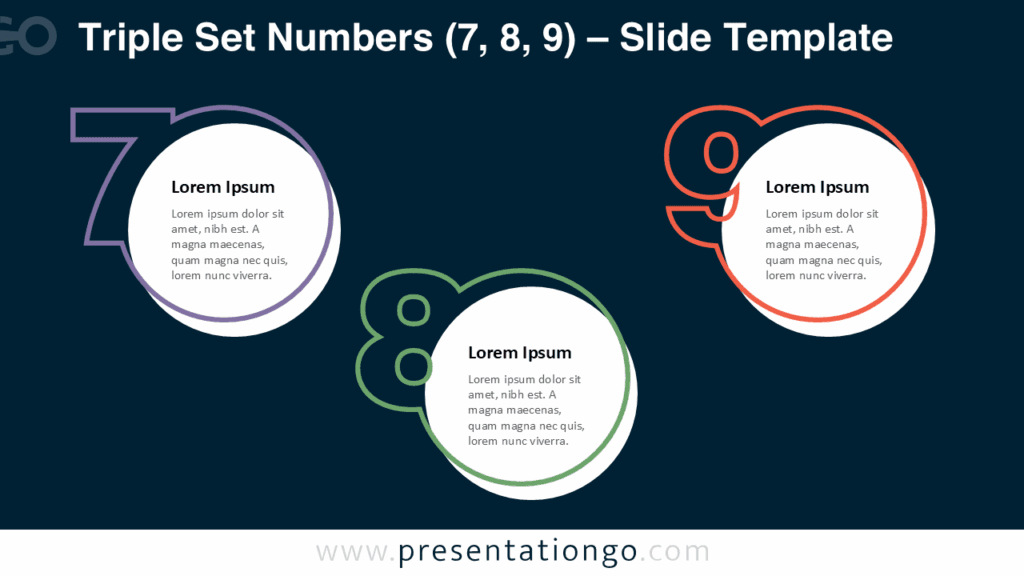 Numbers 7–9 Dark Version from Triple Set Numbers for PowerPoint Triple Set Numbers PowerPoint template displaying the 7–9 number group on a dark background with bright circular numbering
