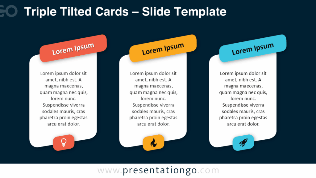 Triple Tilted Cards PowerPoint Dark Background Triple Tilted Cards diagram in a PowerPoint dark background theme featuring three tilted labels, rounded cards, and icons for structured presentation sections.