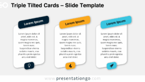 PowerPoint slide showing the Triple Tilted Cards layout with three rounded panels, tilted color labels, and icons designed for presenting organized key points.
