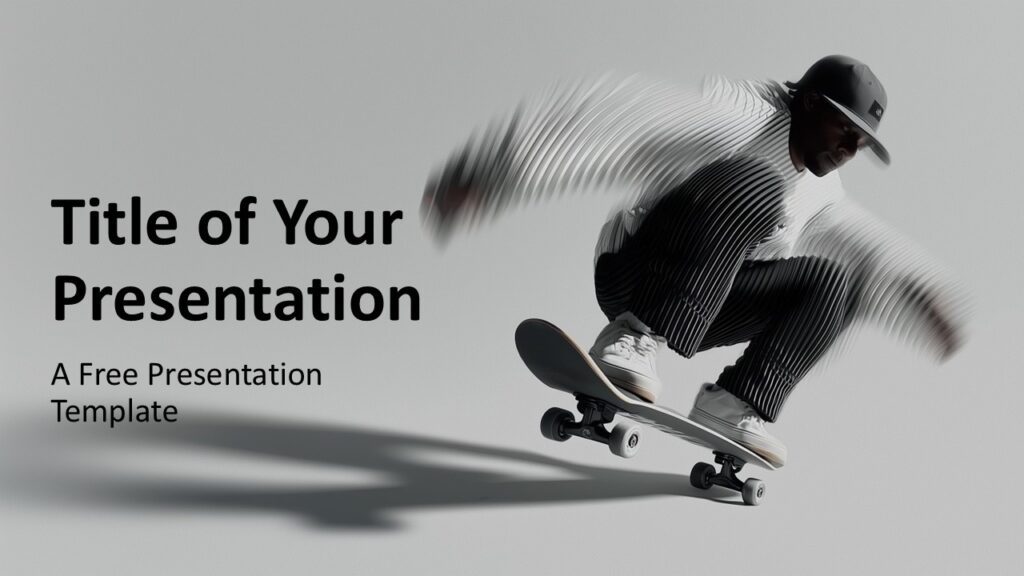 Urban Skate Cover Slide for PowerPoint Urban Skate template cover slide for PowerPoint and Google Slides featuring a dynamic skate action photo with bold typography and modern layout styling.