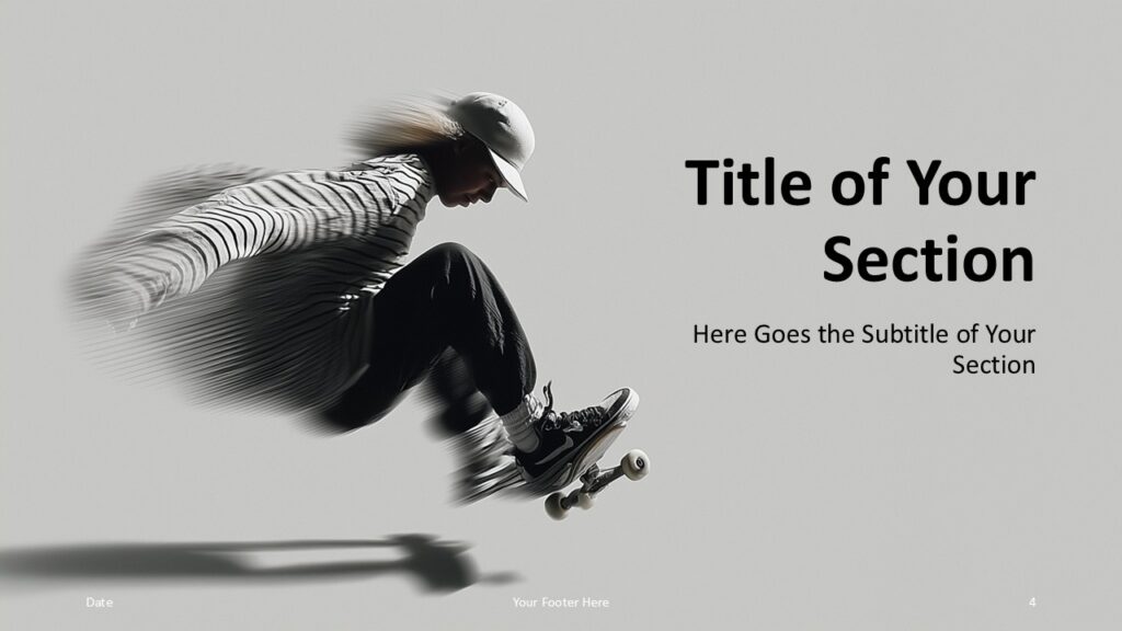 Urban Skate Section Divider Slide 1 Urban Skate template section divider for PowerPoint and Google Slides with impactful skate imagery and bold titles for clear presentation transitions.