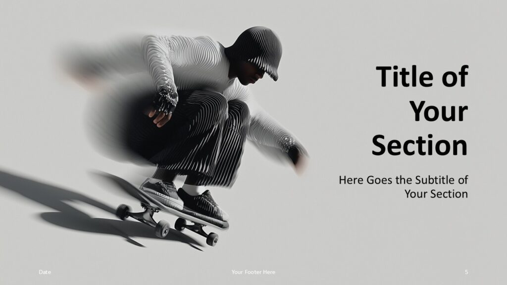 Urban Skate Section Divider Slide 2 Second section divider from the Urban Skate template for PowerPoint and Google Slides showing strong motion visuals and modern heading placement.