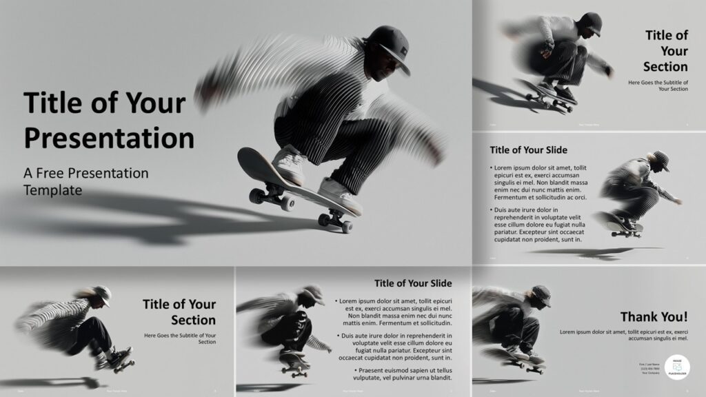 Preview of the Urban Skate presentation template for PowerPoint and Google Slides showing modern action-themed layouts and editable content areas.