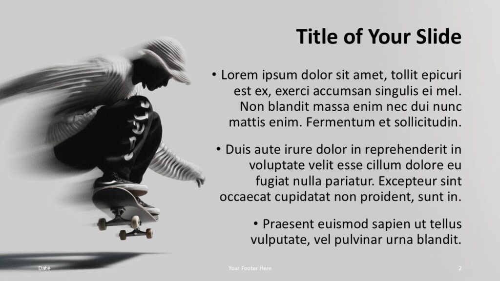 Urban Skate Title Content Layout 1 Urban Skate template title and content slide for PowerPoint and Google Slides designed with motion-driven visuals and clear text placement for presentations.