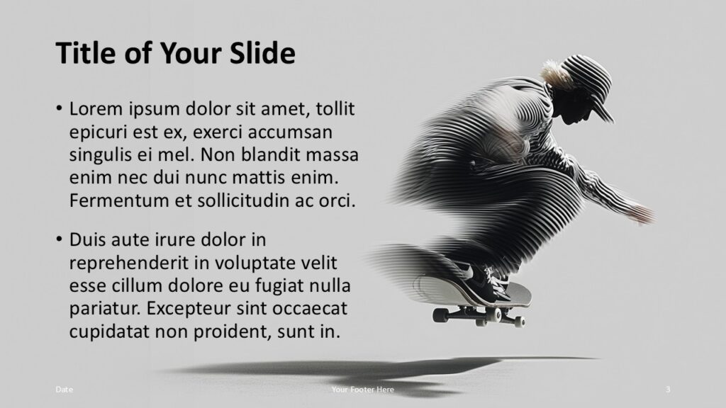 Urban Skate Title Content Layout 2 Alternative Urban Skate title and content slide for PowerPoint and Google Slides featuring mirrored layout design and strong visual movement elements.