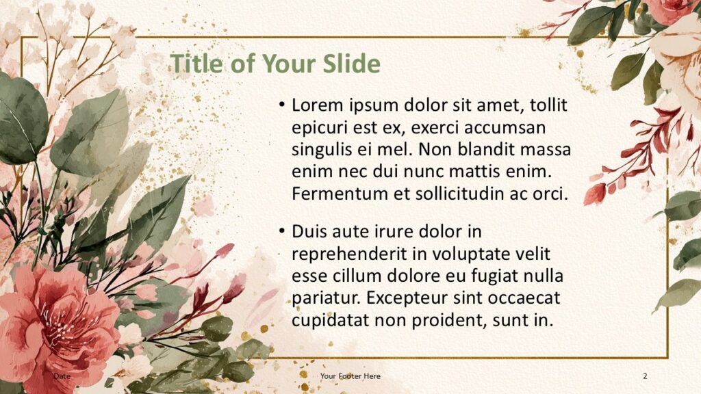 Watercolor Botanical Frame – Title & Content Option 1 (PowerPoint & Google Slides) Title and bullet layout with balanced floral edges for Watercolor Botanical Frame in PowerPoint & Google Slides, optimized for clarity and white space.
