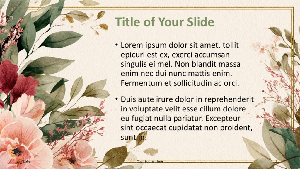 Watercolor Botanical Frame – Title & Content Option 2 (PowerPoint & Google Slides) Alternative content slide of Watercolor Botanical Frame for PowerPoint & Google Slides with strong left botanical column and wide text area.