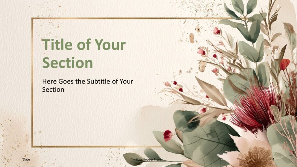 Watercolor Botanical Frame – Section Divider Option 1 (PowerPoint & Google Slides) Section divider from Watercolor Botanical Frame for PowerPoint & Google Slides with framed title block, right floral composition, and soft speckles.