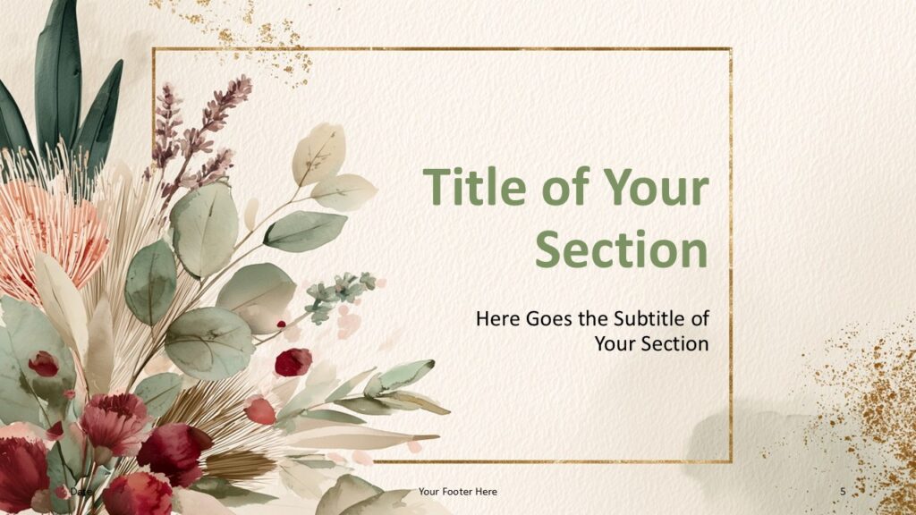 Watercolor Botanical Frame – Section Divider Option 2 (PowerPoint & Google Slides) Second section divider for PowerPoint & Google Slides showing left botanical cluster and centered heading on textured paper background.