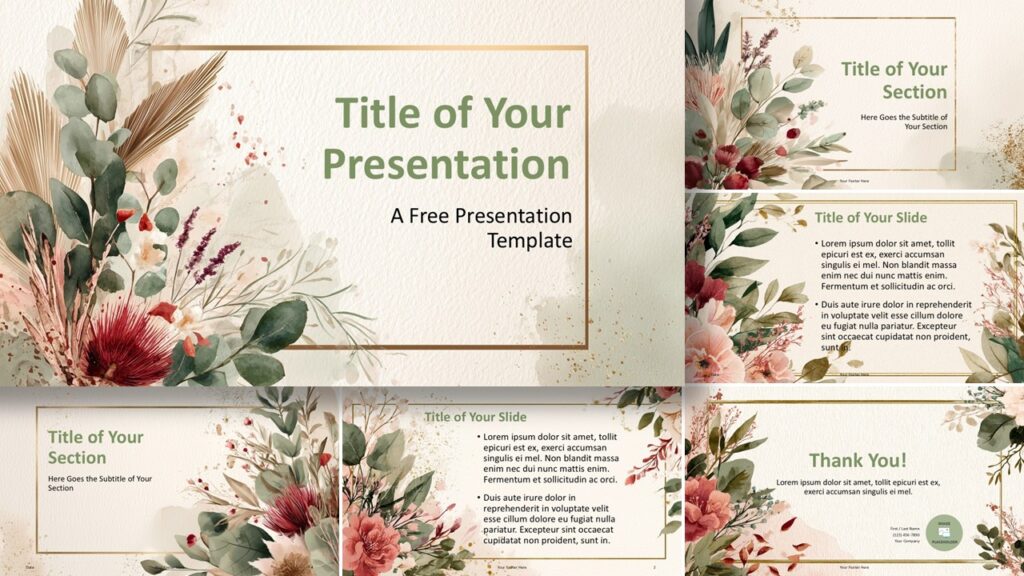 Watercolor Botanical Frame – Complete Preview (PowerPoint & Google Slides) Full preview of the Watercolor Botanical Frame template for PowerPoint & Google Slides displaying elegant floral artwork and clean, readable layouts.
