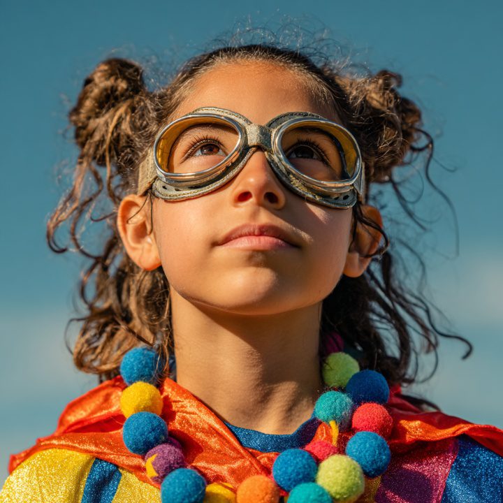 Close-up of a 10-year-old girl with wavy hair wearing aviator goggles, a red cape, and a vibrant pom-pom necklace, looking confidently toward the sky.