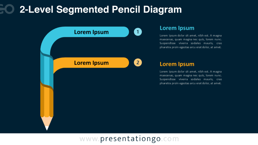 2-Level Segmented Pencil Diagram on Dark Background Two-level segmented pencil diagram for PowerPoint and Google Slides designed with strong contrast for dark-themed slides and clear process presentation.