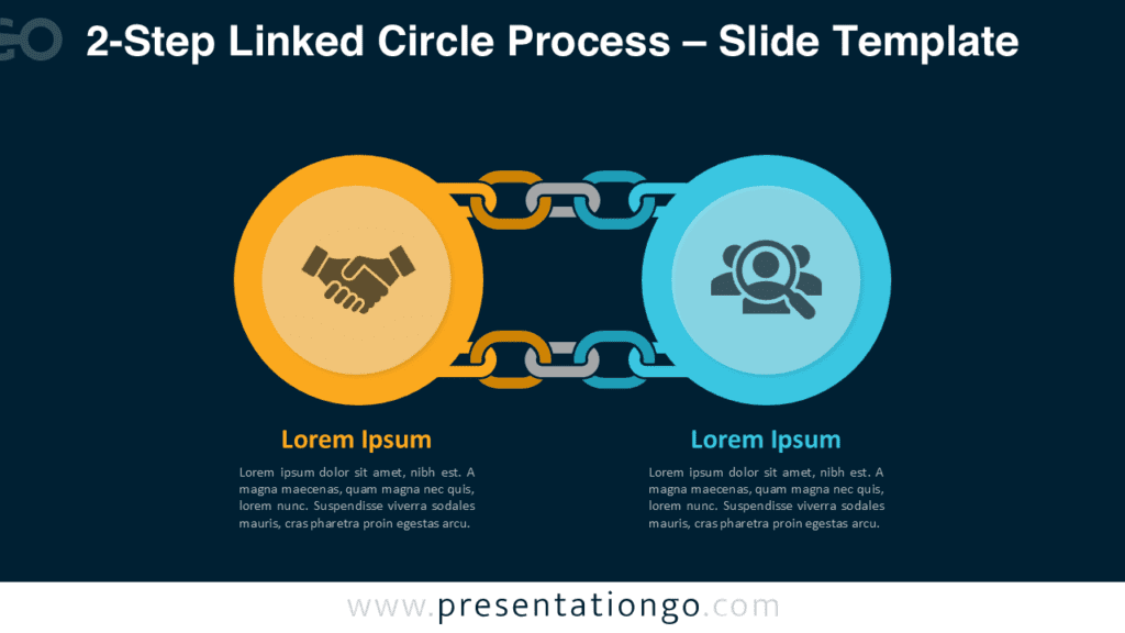 Two-step linked circle process diagram for PowerPoint and Google Slides optimized for dark slides with clear icons and labels.
