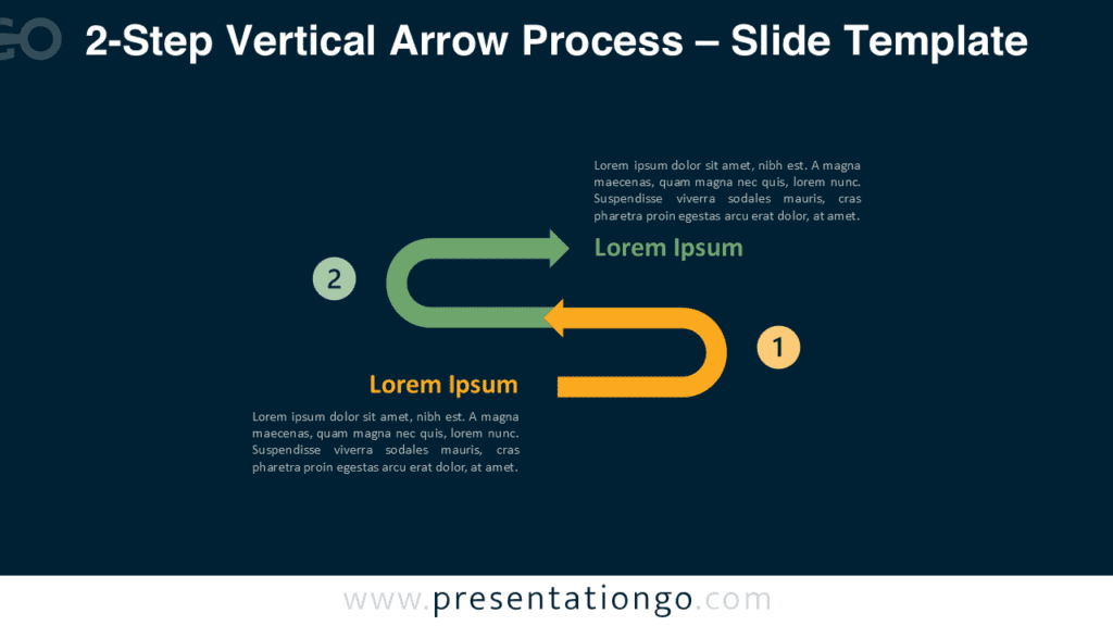 2-Step Vertical Arrow Process Diagram for PowerPoint Dark Background Two-step vertical arrow process diagram for PowerPoint and Google Slides optimized for dark slides with curved arrows and editable icons.