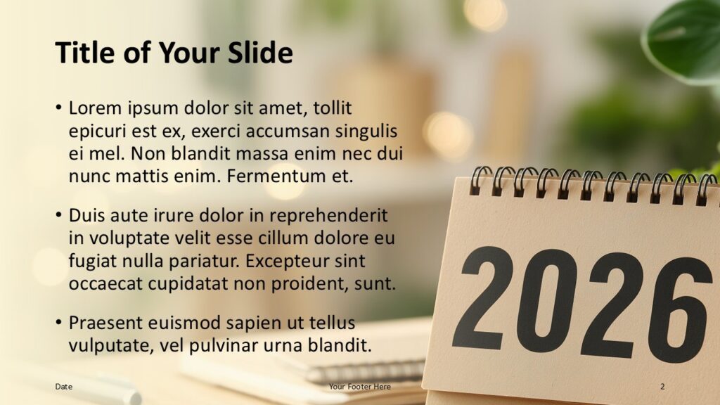 2026 Desk Calendar Title and Content PowerPoint Title and content slide from the 2026 desk calendar template for PowerPoint and Google Slides designed for clear business messaging.