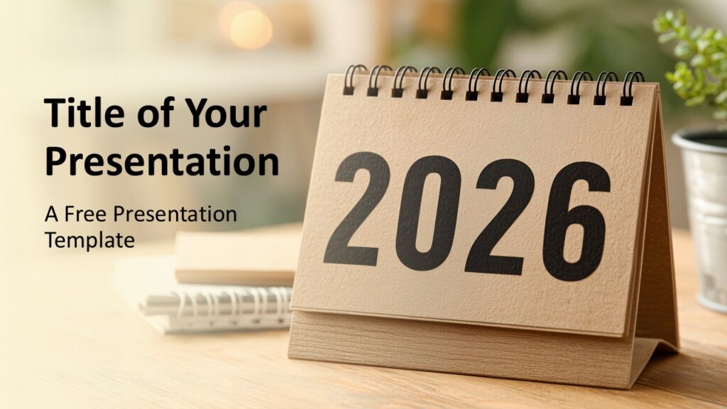 2026 Desk Calendar Cover Slide PowerPoint Cover slide of the 2026 desk calendar template for PowerPoint and Google Slides with a clean workspace visual and strong year emphasis.