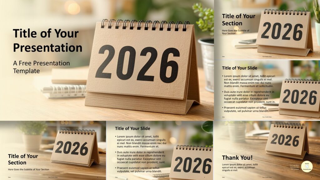 2026 Desk Calendar PowerPoint Template Preview Overview of the 2026 desk calendar template for PowerPoint and Google Slides highlighting consistent layouts and professional visual structure.
