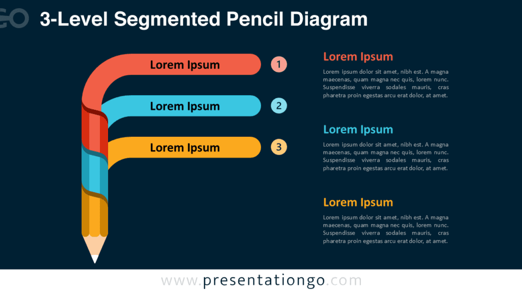 3-Level Segmented Pencil Diagram on Dark Background Three-level segmented pencil diagram for PowerPoint and Google Slides designed for dark-themed slides with strong contrast and clear multi-step visuals.