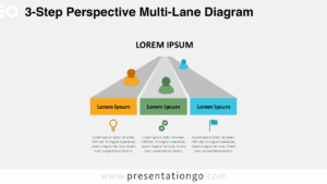 Three-step multi-lane process slide for PowerPoint and Google Slides featuring perspective lanes, icons, and editable shapes for presenting parallel workflow steps.