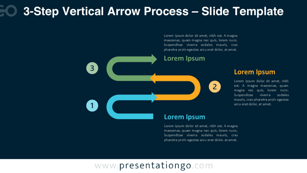3-Step Vertical Arrow Process Diagram for PowerPoint Dark Background Three-step vertical arrow process diagram for PowerPoint and Google Slides adapted for dark slides with editable arrows and icons.