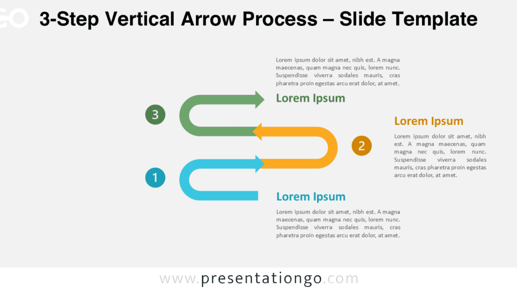 Vertical arrow diagram with three steps for PowerPoint and Google Slides designed to present structured workflows clearly.