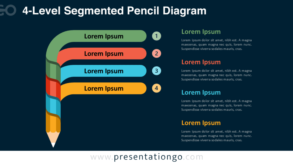 4-Level Segmented Pencil Diagram on Dark Background Four-level segmented pencil diagram for PowerPoint and Google Slides designed for dark slides with clear numbering and strong visual hierarchy.
