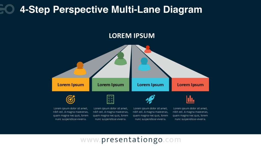 4-Step Multi-Lane Diagram Slide in Dark Style for PowerPoint Dark-themed four-lane perspective diagram for PowerPoint and Google Slides with icons, figures, and structured parallel paths suitable for multi-step workflow presentations.