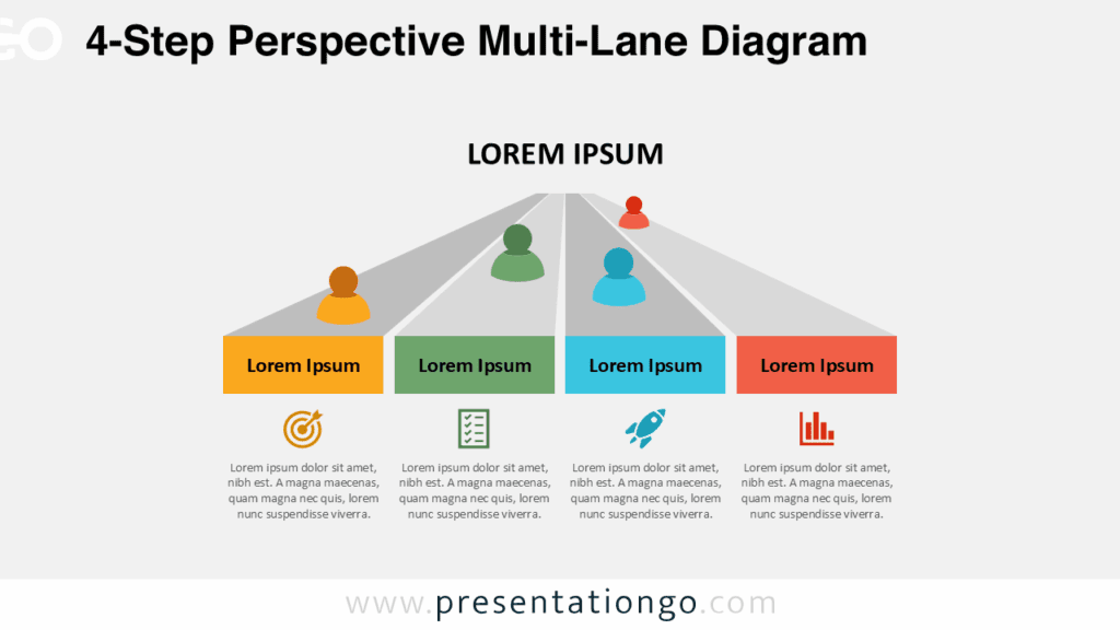 Four-step multi-lane process slide for PowerPoint and Google Slides featuring perspective lanes, editable shapes, icons, and figures for presenting parallel workflow steps.