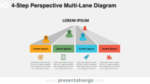 Four-step multi-lane process slide for PowerPoint and Google Slides featuring perspective lanes, editable shapes, icons, and figures for presenting parallel workflow steps.