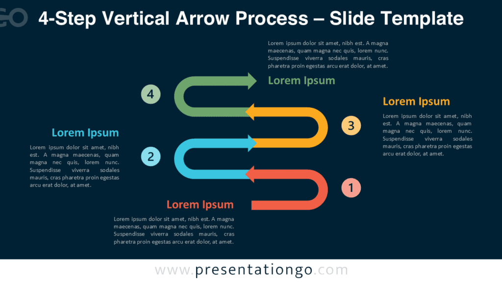 4-Step Vertical Arrow Process Diagram for PowerPoint Dark Background Four-step vertical arrow process diagram for PowerPoint and Google Slides optimized for dark presentations with editable content.