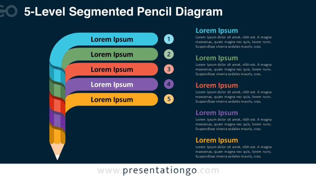 5-Level Segmented Pencil Diagram on Dark Background Five-level segmented pencil diagram for PowerPoint and Google Slides built for dark slides with strong color contrast and clearly numbered levels.