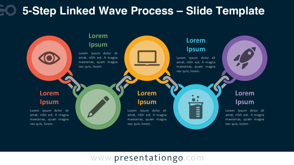 5-Step Linked Wave Process Diagram Dark Background Five-step linked wave process diagram for PowerPoint and Google Slides optimized for dark presentation designs.