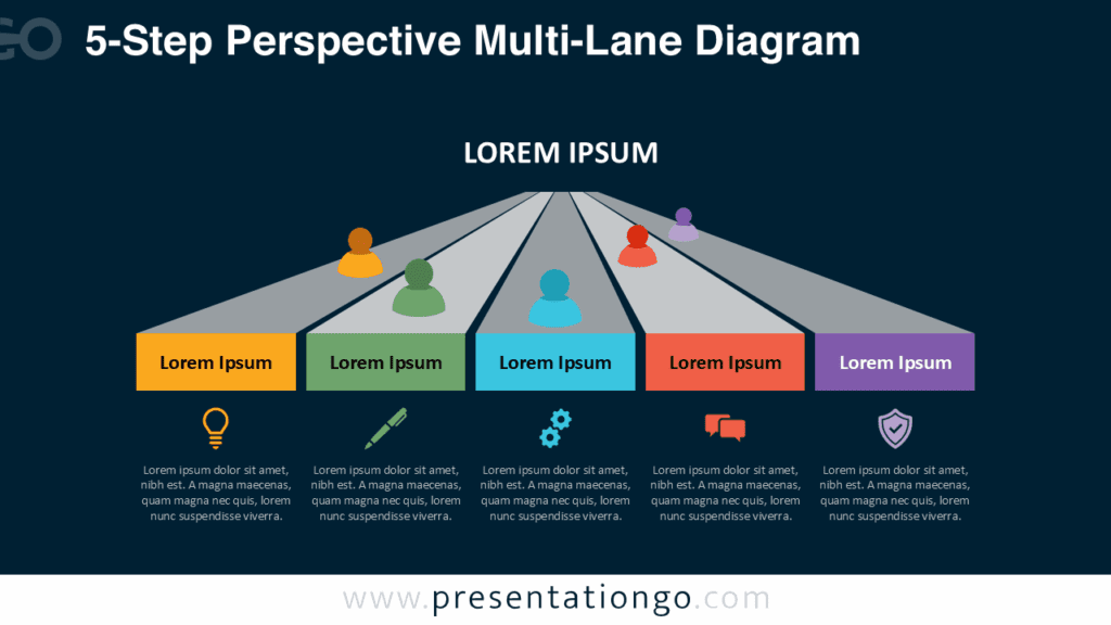 5-Step Multi-Lane Diagram Slide in Dark Style for PowerPoint Dark-style five-lane perspective diagram for PowerPoint and Google Slides with icons, figures, and clean parallel tracks for multi-step process presentations.