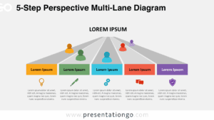 Five-step multi-lane process slide for PowerPoint and Google Slides featuring perspective lanes, icons, editable text, and figures for presenting parallel workflows.