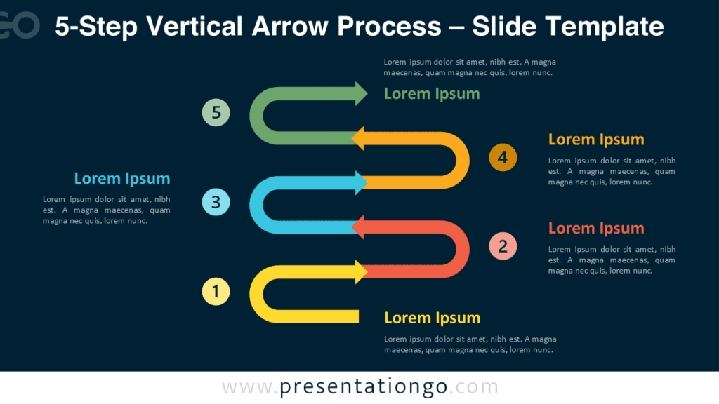5-Step Vertical Arrow Process Diagram for PowerPoint Dark Background Five-step vertical arrow process diagram for PowerPoint and Google Slides suited for dark slides with editable shapes and icons.