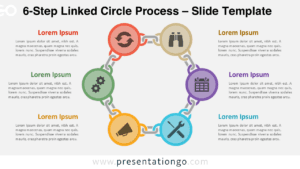 Editable six-step linked circle workflow diagram for PowerPoint and Google Slides with icons and structured flow.