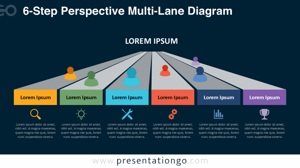 6-Step Multi-Lane Diagram Slide in Dark Style for PowerPoint Dark-style six-lane perspective diagram for PowerPoint and Google Slides with icons, figures, and structured parallel tracks designed for detailed multi-step workflows.